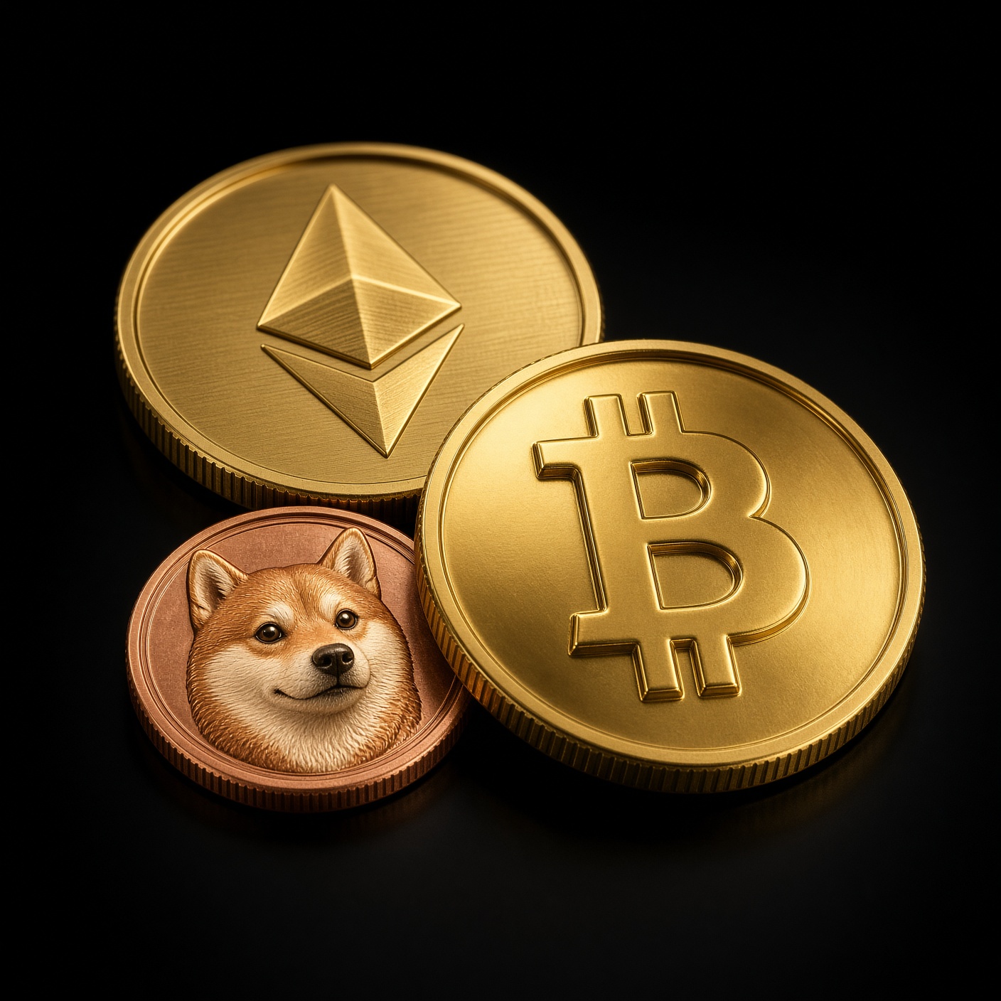 Physical Bitcoin, Ethereum, and Shiba Inu coins