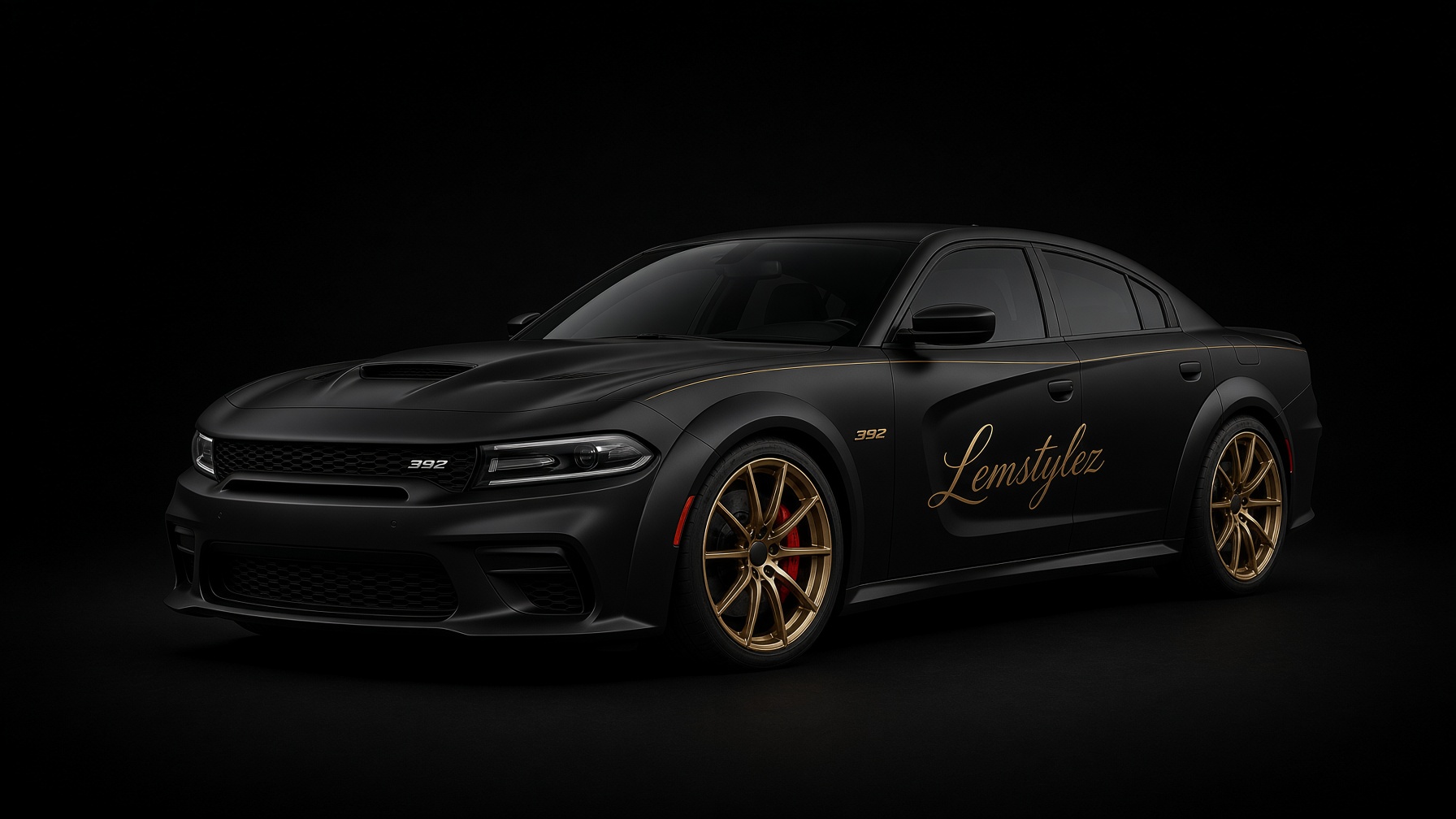 Matte black Daytona 392 with Lemstylez in gold script on the door